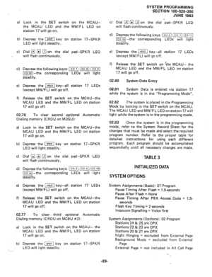 Page 96a) 
b) 
4 
d) 
4 
f) 
Lock in the SET switch on the MCAU- 
the MCAU LED and the MW/FL LED on 
station 17 will go on. 
Depress the ‘3 key on station 17-SPKR 
LED will light steadily. 
Dial 
q q q on the dial pad-SPKR LED 
will flash continuously. 
Depress the following keys: m ( m 
II-the corresponding LEDs will light 
steadily. 
Depress the I[ key-all station 17 LEDs 
(except MW/F L) will go off. 
Release the SET switch on the MCAU-the 
MCAU LED and the MW/FL LED on station 
17 will go off. 
02.76 To...