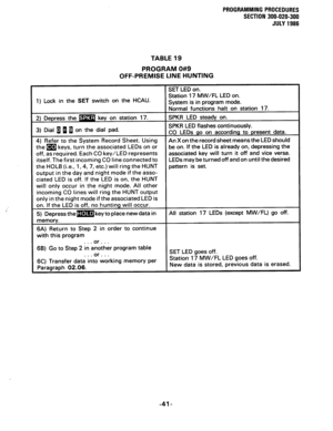 Page 101PROGRAMMING PROCEDURES 
SECTION 300-020-300 
JULY 1986 
TABLE 19 
PROGRAM 0#9 
OFF-PREMISE LINE HUNTING 
1) Lock in the SET switch on the HCAU. 
uired. Each CO key/LED represents associated key will turn it off and vice versa. 
first incoming CO line connected to LEDs may be turned off and on until the desired 
(i.e., 1,4, 7, etc.) will ring the HUNT 
output in the day and night mode if the asso- 
ciated LED is off. If the LED is on, the HUNT 
6B) Go to Step 2 in a%her program table 
into working memory...