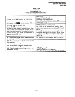 Page 103PROGRAMMING PROCEDURES 
SECTION 300-020-300 
JULY 1986 
TABLE 21 
PROGRAM 101 
TOLL RESTRICTION DISABLE 
W/FL LED on. 
1) Lock in the SET switch on the HCAU. 
stem IS In program mode. 
If the. LED is already on, depressing the asso- 
ciated key will turn it off and vice versa. LEDs 
may be turned off and on until the desired pat- 
this program 
6B) Go to Step 2 in another program table 
-43-  