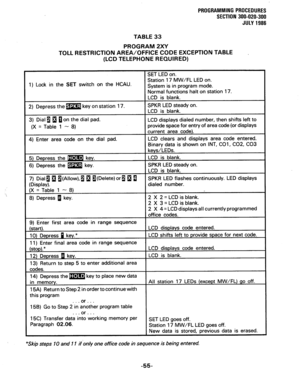 Page 115PROGRAMMING PROCEDURES 
SECTION 300-020-300 
JULY 1988 
TABLE 33 
PROGRAM 2XY 
TOLL RESTRICTION AREA/OFFICE CODE EXCEPTION TABLE 
(LCD TELEPHONE REQUIRED) 
1) Lock in the SET switch on the HCAU. Station 17 MW/FL LED on. 
System is in program mode. 
Normal functions halt on station 17. 
try of area code (or displays 
SPKR 
LED flashes continuously. LED displays 
. ~ . or . . . 
15B) Go to Step 2 in another program table 
. . . or . . . 
15C) Transfer data into working memory per 
Paragraph 02.06. 
“Skip...