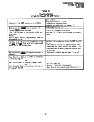 Page 121PROGRAMMING PROCEDURES 
SECTION 300-020-300 
JULY 1966 
TABLE 39 
PROGRAM 5XX 
STATION CLASS OF SERVICE #l 
1) Lock in the SET switch on the HCAU. 
SPKR LED flashes continuously. 
INT and CO LEDs go on according to present 
s on or 0 If the LED is already on, depressing its asso- 
ciated key will turn it off and vice versa. LEDs 
may be turned off and on until the desired pat- 
with this program 
or . . . 
6B) Go to Step 2 in another program table 
. . . or . e . 
6C) Transfer data into working memory...