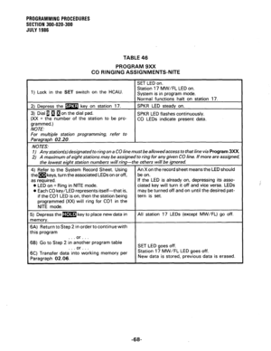 Page 128PROGRAMMING PROCEDURES 
SECTION 300-020-300 
JULY 1986 
TABLE 46 
PROGRAM SXX 
CO RINGING ASSIGNMENTS-NITE 
SET LED on. 
1) Lock in the 
SET switch on the HCAU. Station 17 MW/FL LED on. 
System is in program mode. 
2) Depress the m key on station 17. 
3) Dial Ei) 1 Bon the dial pad. 
(XX = the number of the station to be pro- 
grammed.) 
NO TE. Normal functions halt on station 17. 
SPKR LED steady on. 
SPKR LED flashes continuously. 
CO LEDs indicate present data. 
For multiple station programming, refer...