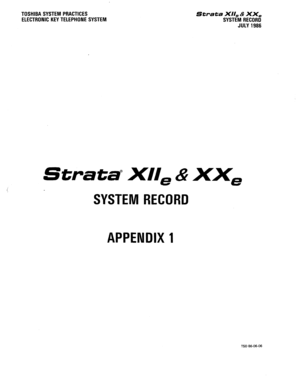 Page 129TOSHIBA SYSTEM PRACTICES 
ELECTRONIC KEY TELEPHONE SYSTEM Strata XII, & XX, 
SYSTEM RECORD 
JULY 1986 
Strata@ X/I, & XX= 
SYSTEM RECORD 
APPENDIX 1 
TSD 86-06-06  