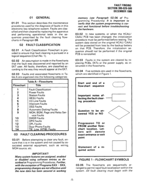 Page 15701 GENERAL 
01 .Ol This section describes the maintenance 
procedures used for the diagnosis of faults in this 
electronic key telephone system. Faults are clas- 
sified and then cleared by replacing the apparatus 
and performing operational tests in the se- 
quences prescribed by the fault clearing flow- 
charts in Paragraph 05. 
02 FAULT CLASSlFlCATlON 
02.01 A Fault Classification Flowchart is pro- 
vided to ensure that fault clearing is pursued in a 
logical sequence (Chart No. 1). 
02.02 An...