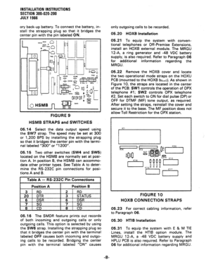 Page 36INSTALLATION INSTRUCTIONS 
SECTION 300-020-200 
JULY 1986 
ory back-up battery. To connect the battery, in- 
stall the strapping plug so that it bridges the 
center pin with the pin labeled ON. 
FIGURE 9 
HSMB STRAPS and SWITCHES 
05.14 Select the data output speed using 
the SW7 strap. The speed may be set at 300 
or 1,200 BPS by installing the strapping plug 
so that it bridges the center pin with the termi- 
nal labeled “300” or “1200”. 
05.15 Two other switches (SW4 and SW5) 
located on the HSMB are...