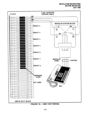 Page 39INSTALLATION INSTRUCTIONS 
SECTION 300-020-200 
JULY 1986 
3 HSTU 2-pair JACKETED 
STATION CABLE 
 , . 
I I MODULAR STATION BLOCK 
 
T2 
5432 
MODULAR 
CORD STATION 
FIGURE 15 - MDF/EKT WIRING  L 
-ll-  