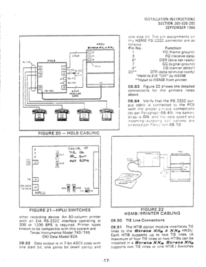 Page 45RJ-!IC 
L 
SECTlON 300-020-205 
SEPTEMBER 1985 
one stop 31: The pin assrgnments on 
ice HSM8 F;S-232C connector are as 
tolioLvs: 
Pin No. Function 
1 FG (frame grouno~ 
3 RD (receive datai 
6’ DSR (data set ready:! 
7 SG (signal grcund! 
8’ CD (carrier deter:} 
20” DTR ida;a termrnal readyi 
‘Held tu EiA “ON” 15 y HSMB. 
+ ‘lfiput to ,YSMi3 from prmter. 
06.83 Figure 22 shows the detailed 
connections for the printers iistec 
above. 
06.84 Verify that the RS232C out- 
ptii cabfe is connected to the PCS...