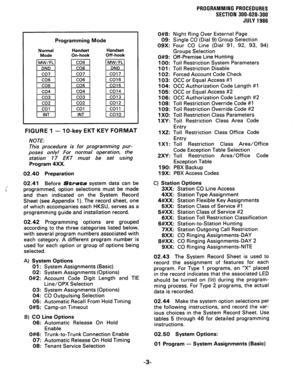 Page 63Programming Mode 
Normal 
Mode Handset 
On-hook Handset 
Off-hook 
FIGURE 1 - IO-key EKT KEY FORMAT 
NOTE: 
This procedure is for programming pur- 
poses only! For normal operation, the 
station 1.7 EKT must be set using 
Program 4XX. 0#9: Off-Premise Line Hunting 
100: Toll Restriction System Parameters 
101: Toll Restriction Disable 
102: Forced Account Code Check 
103: OCC or Equal Access #l 
104: OCC Authorization Code Length #l 
105: OCC or Equal Access #2 
106: OCC Authorization Code Length #2...