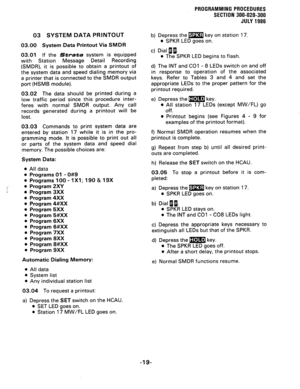 Page 7903 SYSTEM DATA PRINTOUT 
03.00 System Data Printout Via SMDR 
03.01 If the Strata system is equipped 
with Station Message Detail Recording 
(SMDR), it is possible to obtain a printout of 
the system data and speed dialing memory via 
a printer that is connected to the SMDR output 
port (HSMB module). b) Depress the m key on station 17. 
l SPKR LED goes on. 
c) Dial Bi. 
l The SPKR LED begins to flash. 
03.02 The data should be printed during a 
low traffic period since this procedure inter- 
feres with...