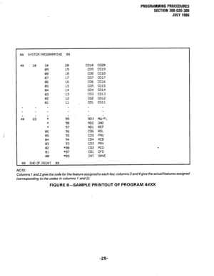 Page 85PROGRAMMING PROCEDURES 
SECTION 300-020-300 
JULY 1986 
#W SYSTEM PROGRAMMING ## 
10 10 
20 co10 co20 
COY co19 
CO8 CO18 
CO7 co17 
CO6 CO16 
co5 co15 
co4 co14 
co3 co13 
co2 co12 
co1 co11 
A03 NW/FL 
* 98 A02 
* 97 A01 
06 
96 CO6 
05 
9s co5 
04 
94 co4 
03 
93 co3 
02 
*HI co2 
01 87 co1 
00 *I35 INT 
ON0 
REP 
ROL 
PAU 
FlCB 
PRV 
MC0 
CFO 
SAVE 
NOTE: 
Columns 1 and2 give the code for the feature assigned to each ke y; columns 3 and4 give the actual features assigned 
(corresponding to the codes...