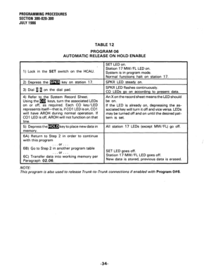 Page 94PROGRAMMING PROCEDURES 
SECTION 300-020-300 
JULY 1986 
TABLE 12 
PROGRAM 06 
AUTOMATIC RELEASE ON HOLD ENABLE 
1) Lock in the SET switch on the HCAU. Station 17 MW/FL LED on. 
Using the m keys, turn the associated LEDs 
on or off, as required. Each CO key/LED 
represents itself-that is, if CO1 LED is on, CO1 eet means t 
If the LED is already on, depressing the as- 
sociated key will turn it off and vice versa. LEDs 
turned off and on until the desired pat- 
6B) Go to Step 2 in aonbther program table...