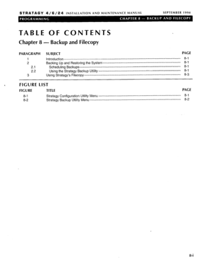 Page 192STRATAGY 4/6/24 INSTALLATION AND MAINTENANCE MANUAL SEPTEMBER 1994 
TABLE OF CONTENTS 
Chapter 8 - Backup and Filecopy 
PARAGRAPH SUBJECT PAGE 
1 Introduction ________________________________________--------------------------------------- --- --__----- ------- -____-- 
8-l 
2 
Backing Up and Restoring the System ____________________------------------------ -- ---__----_ - ----- - _____-- 8-l 
2.1 Scheduling Backups-------------- ____________________-------------------------------------------------...
