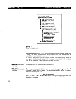 Page 246q PLAY the (next) message now 
q REPLAY the current message 
q DELETE the current message 
q PLAY the previous message 
q FORWARD the current message 
q REPLY to the current message 
q SPECIAL FUNCTIONS / PAUSE 
Pause 30 sets. (ON/OFF). or select: 
q Immediate FAX retrieve from fax machine 
q Send FAX for retrieval to fax machine 
q UNDELETE message 
q Message DATE and TIME 
q SKIP to next new message 
q CONTINUOUS DELETE q CONTINUOUS PLAY 
q RETURN to previous menu 
q RETURN to ERl 
._ -_._ . . - . . ....