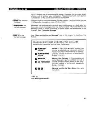 Page 2474 PLAY the previous 
message 
5 FORWARD the 
current message 
NOTE: Stratagy may be programmed to delete a message after a pre:set length 
of time, with or without user notification. Please consult with your System 
Administrator for the specific parameters of your system. 
Stratagy plays the previous message. Initially pressing 4 and continuing to press 
4 will play your messages in a last in first out order. 
Messages may be forwarded to a single user, multiple users, or a destination list. 
However,...