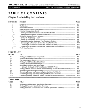 Page 40STRATAGY 4/6/24 INSTALLATION AND MAINTENANCE MANUAL SEPTEMBER 1994 
TABLE OF CONTENTS 
Chapter 3 - Installing the Hardware 
PARAGRAPH SUBJECT PAGE 
1 1 ntroduction ________________________________________----------------------------------------------------------------- 3-t 
2 The Hardware ___________ - ________________________________________-------------------------------------------------- 3-t 
3 
What Comes Shipped...