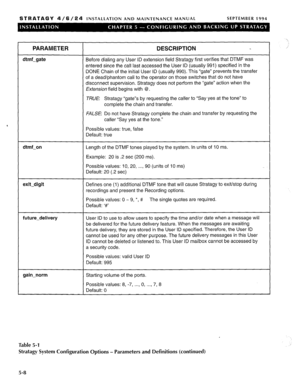 Page 69STRATAGY 4/6/24 INSTALLATION AND MAINTENANCE MANUAL SEPTEMBER 1994 
PARAMETER 
dtmf-gate 
DESCRIPTION 
Before dialing any User ID extension field Stratagy first verifies that DTMF was 
entered since the call last accessed the User ID (usually 991) specified in the 
DONE Chain of the initial User ID (usually 990). This “gate” prevents the transfer 
of a dead/phantom call to the operator on those switches that do not have 
disconnect supervision. Stratagy does not perform the “gate” action when the...