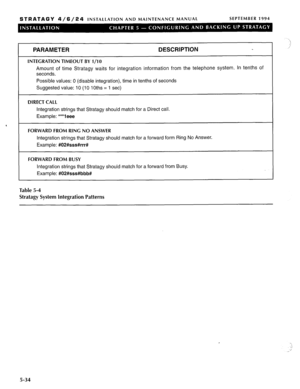 Page 95STRATAGY 4/6/24 INSTALLATION AND MAINTENANCE MANUAL SEPTEMBER 1994 
PARAMETER DESCRIPTION 
INTEGRATION TIMEOUT BY l/l 0 
Amount of time Stratagy waits for integration information from the telephone system. In tenths of 
seconds. 
Possible values: 0 (disable integration), time in tenths of seconds 
Suggested value: 10 (10 1 Oths = 1 set) 
DIRECT CALL 
Integration strings that Stratagy should match for a Direct call. 
Example: ***l eee 
FORWARD FROM RING NO ANSWER 
Integration strings that Stratagy should...