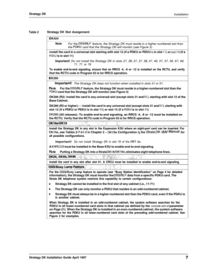 Page 12Stratagy DKInstallation
Table 2Stratagy DK Slot Assignment
DK424
NoteFor the 
DSSIBLF feature, the Stratagy DK must reside in a higher-numbered slot than
the PDKU card that the Stratagy DK will monitor (see Figure 3).
install the card in a universal slot starting with slot 12 (if a PDKU or PEKU is in slot 11) or slot 13 (if a
RSIU is in slot 11)Important! Do not install the Stratagy DK in slots 27, 
28, 37, 37, 38, 47, 48, 57, 57, 58, 67, 68,71, 77, or 78.
To enable end-to-end signaling, ensure that an...