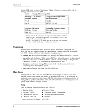 Page 7What’s New?
Stratagy DK. Some versions of the Stratagy Admin software are not compatible with the
Stratagy system software (see Table 1).
Table 1Stratagy Admin Compatibility
Stratagy DK System
Software Version
VDK.2G
’Compatible Stratagy Admin
Software Version
VSA.2GStratagy 4 Lite 
V4.2E software does not support some of the utilities available in
Admin 
VSA.2G’s new menu selection called Tools (see Page 2). If ONLY per-
forming mailbox programming on the
Stratagy 4 Lite (version V4 
2E), Admin VSA.2G...