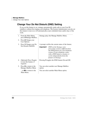 Page 64Manage Mailbox
Change Your User Options
52Stratagy User Guide   06/02
Change Your Do Not Disturb (DND) Setting
If you set this feature to on, stratagy automatically sends calls to your User ID 
(mailbox) without first ringing your telephone. The System Administrator can also set 
this feature to turn on or off automatically at pre-scheduled times and/or days of the 
week.
1. From the Main Menu, 
press 
Manage Mailbox.Stratagy plays the Manage Mailbox Menu.
2. Press 
Change your 
User Options.
3. Press...