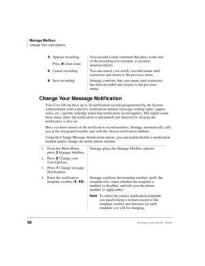 Page 70Manage Mailbox
Change Your User Options
58Stratagy User Guide   06/02
Change Your Message Notification
Your User ID can have up to 10 notification records programmed by the System 
Administrator with a specific notification method (message waiting lights, pagers, 
voice, etc.) and the time/day when that notification record applies. The repeat count 
(how many times the notification is attempted) and interval for retrying the 
notification is also set.
Once you have turned on the notification record...