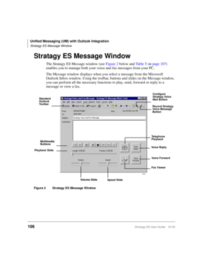 Page 120Unified Messaging (UM) with Outlook Integration
Stratagy ES Message Window
106Stratagy ES User Guide    01/03
Stratagy ES Message Window
The Stratagy ES Message window (see Figure 2 below and Table 5 on page 107) 
enables you to manage both your voice and fax messages from your PC. 
The Message window displays when you select a message from the Microsoft 
Outlook Inbox window. Using the toolbar, buttons and slides on the Message window, 
you can perform all the necessary functions to play, send, forward...