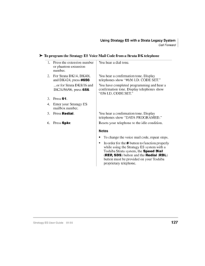 Page 141Using Stratagy ES with a Strata Legacy System
Call Forward
Stratagy ES User Guide    01/03127
➤To program the Stratagy ES Voice Mail Code from a Strata DK telephone
1. Press the extension number 
or phantom extension 
number.You hear a dial tone.
2. For Strata DK14, DK40i, 
and DK424, press 

You hear a confirmation tone. Display 
telephones show “#656 I.D. CODE SET.”
...or for Strata DK8/16 and 
DK24/56/96, press 
.You have completed programming and hear a 
confirmation tone. Display telephones...