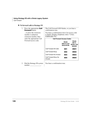 Page 142Using Stratagy ES with a Strata Legacy System
Call Forward
128Stratagy ES User Guide    01/03
➤To forward calls to Stratagy ES
1. Press the appropriate 

./	
 buttonThe Call Forward LED flashes, or you hear a 
confirmation tone.
...or press the extension 
number or phantom 
extension number, then 
enter the appropriate Call 
Forward access code.You hear a confirmation tone if an access code 
is dialed. Display telephones show “CALL 
FORWARD TO.” 
2. Dial the Stratagy ES system 
number...
