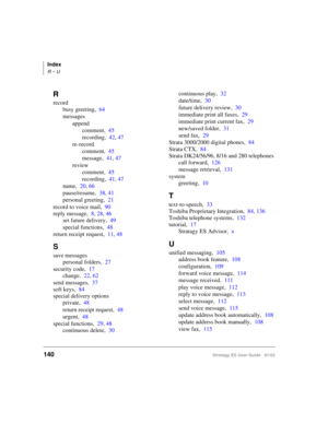 Page 154Index
R ~ U
140Stratagy ES User Guide   01/03
R
record
busy greeting,64
messages
append
comment
,45
recording,42, 47
re-record
comment
,45
message,41, 47
review
comment
,45
recording,41, 47
name,20, 66
pause/resume,38, 41
personal greeting,21
record to voice mail,90
reply message,8, 28, 46
set future delivery,49
special functions,48
return receipt request,11, 48
S
save messages
personal folders,27
security code,17
change,22, 62
send messages,37
soft keys,84
special delivery options
private,48
return...