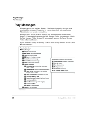 Page 40Play Messages
Play Messages
26Stratagy ES User Guide    01/03
Play Messages
When you access your mailbox, Stratagy ES tells you the number of urgent, new, 
saved, and fax messages (if supported by your system; check with your System 
Administrator) you have in your mailbox.
When you press 

 from the Main Menu to play messages (menu shown below), 
Stratagy ES automatically accesses the New Message Folder. If no messages exist in 
the New Message Folder, Stratagy ES automatically accesses the Saved...