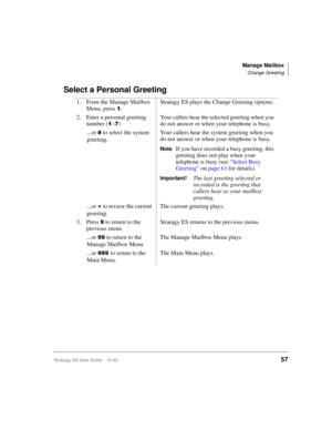 Page 71Manage Mailbox
Change Greeting
Stratagy ES User Guide    01/0357
Select a Personal Greeting
1. From the Manage Mailbox 
Menu, press 

.Stratagy ES plays the Change Greeting options.
2. Enter a personal greeting 
number (

~)Your callers hear the selected greeting when you 
do not answer or when your telephone is busy.
...or 
 to select the system 
greeting.Your callers hear the system greeting when you 
do not answer or when your telephone is busy.
NoteIf you have recorded a busy greeting, this...