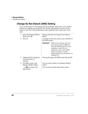 Page 74Manage Mailbox
Change User Options
60Stratagy ES User Guide    01/03
Change Do Not Disturb (DND) Setting
If you set this feature to On, Stratagy ES automatically sends calls to your mailbox 
without first ringing your telephone. The System Administrator can also set this 
feature to turn On or Off automatically at pre-scheduled times and/or days of the 
week.
1. From the Manage Mailbox 
Menu, press 
.Stratagy ES plays the Change User Options 
Menu.
2. Press 

. A prompt verifies the current status...