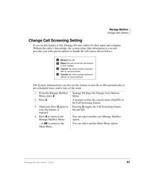 Page 75Manage Mailbox
Change User Options
Stratagy ES User Guide    01/0361
Change Call Screening Setting
If you set this feature to On, Stratagy ES asks callers for their name and company. 
Without the caller’s knowledge, the system relays that information to you and 
provides you with special options to handle the call (menu shown below).
The System Administrator can also set this feature to turn On or Off automatically at 
pre-scheduled times and/or days of the week.
1. From the Manage Mailbox 
Menu, press...