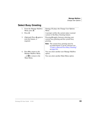 Page 77Manage Mailbox
Change User Options
Stratagy ES User Guide    01/0363
Select Busy Greeting
1. From the Manage Mailbox 
Menu, press 
.Stratagy ES plays the Change User Options 
Menu.
2. Press
. A prompt verifies the current status (custom/
system) of the Busy Greeting feature.
3. (Optional) Press 
 again to 
reset the feature, if 
required.Pressing  toggles between selecting your 
custom busy greeting and the system busy 
greeting. 
NoteThe custom busy greeting must be 
recorded before it can be...