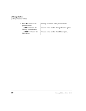 Page 94Manage Mailbox
Manage Personal Folders
80Stratagy ES User Guide    01/03
5. Press  to return to the 
previous menuStratagy ES returns to the previous menu.
...or 
 to return to the 
Manage Mailbox MenuYou can select another Manage Mailbox option.
...or 
to return to the 
Main Menu.You can select another Main Menu option. 