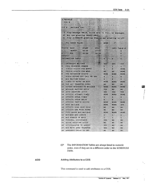 Page 118ADD 
Lu The INFORh%ATiON Tables are always listed in numeric 
order, even if they are in a different order in the SCHEDULE 
.Table. 
Adding Attributes to a COS 
This command is used to add attributes to a COS.  