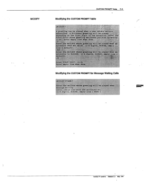 Page 135UETOM PROMPTTaM 7-5 
MODIFY Modifying the CUSTOY PROMPT Table 
Modifylng the CUSTOM PROMPT for Message VKaithg Calls 
.  