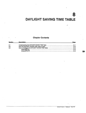 Page 1368 
DAYLIGHT SAVING TIME TABLE 
- _ Chapter Contents 
S in  lo 
8.1 UrvWsbMqthe CAYUGHTSAVlNGTlMETabk ........................................ 8-l 
82 How the DAY!JGHT SWING TIME Tab& is Used 
.......................................... 
a-2 
8.3 How to t2m5~~~e Ue DAYLIGHT SAVlNG TIMETable ...................................... 
8-3 
Using MSTALL .................................................................. 8-3 
Using WDATE i 
.................................................................. -8-S...