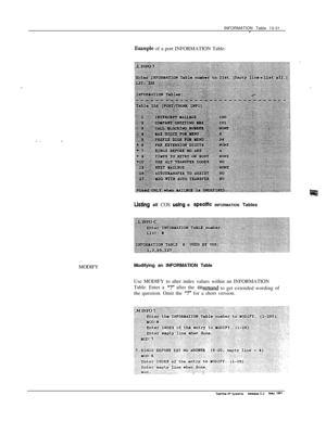 Page 211INFORMATION Table 13-31w
Example of a port INFORMATION Table:
Ustlng all COS ushg a specl?lc INFORMATION Tables
MODIFYModifying an INFORMATION Table
Use MODIFY to alter index values within an INFORMATION
Table. Enter a 
“?” after the commandto get extended wording of
the question. Omit the “?” for a short version.
:: 