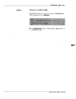 Page 213INFORMATlON Tab 12-33
-
DELETEDeleting an INFORMATION r&Jo
AlI SCHEDULE Tables are checked to insure the IWOFWATION
Table being deleted is not 
refmenti
ll7 An INFORMAlION Table is not deleted if it is still referred to in
a SCHEDULE Table.
. 