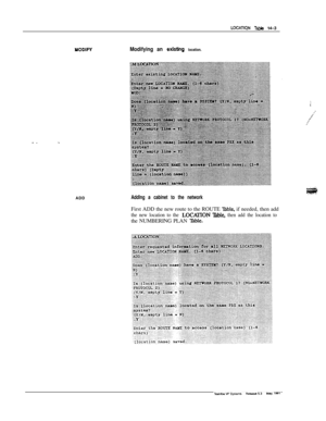 Page 219LOCATIQN Table 14-3
YODWYModifying an existhg location.ADD
Addlng a cabinet to the networkFirst ADD the new route to the ROUTE 
able, if needed, then add
the new location to the LOCAlTON ‘E&k, then add the location tothe NUMBERING PLAN 
%ble. 