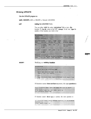 Page 223LOCATlON Table 14-7
m Using UPDATE
LIST, MODm ADD or DELETE a Network LOCATION.
LISTLlsthg the LOCATION Table
You can either LIST the entire IDCATION Table or just c&e
location. To list all, return at the LST: prompt. To list one., type the
number of the location you wish to list.MODIFY
Modifying an exkting locatIon
.....::..............-::.,~m~li~~:~~~~~~~~~~~~~~~~~~~~~ili;l~~~~~~~j~~~~~~~:..:::Tzl. k:zI;;;;-i :y ) :. .~jg$$$jg i~~i31~~:~.~~~~~~:~~~:~~~~~~~~~~~~:~~~~~~~...