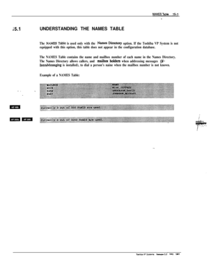 Page 229UNDERSTANDING THE NAMES TABLE
The NAMES TabIe is used only with the Names Directory option. If the Toshiba VP System is not
equipped with this option, this table does not appear in the configuration database.
The NAMES Table contains the name and mailbox number of each name in the Names Directory.
The Names Directory allows callers, and 
ma&ax holders when addressing messages (ii-
IntraMessaging is installed), to dial a person’s naine when the mailbox number is not known.
Example of a NAMES Table:...