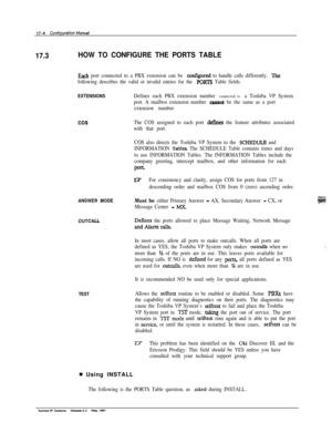 Page 24817.3HOW TO CONFIGURE THE PORTS TABLE
Each port connected to a PBX extension can be comigured to handle calls differently. The
following describes the valid or invalid entries for the POKI?3 Table fields.
EXTENSIONSDefines each PBX extension number connected to a Toshiba VP System
port. A mailbox extension number 
caurmt be the same as a port
extension number.
cos
ANSWER MODE
OUTCAU
TEST
The COS assigned to each port defies the feature attributes associated
with that port.
COS also directs the Toshiba VP...