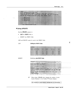 Page 249II Using UPDATE
Use the UPDATE program to:
*LIST the PORTS Table orl
MODIFY the PORTS Table
ADD and DELETE cannot be used in the PORTS Table.
LIST
LlStlng the PORTS Table
MODIFYModifying the PORTS Table
: : :.:. .,:::.::.:.::.;:.:..:~::~::.::~ji:::::::::;::::::::::::::::~:~~:~.:;:~-~:~::::.::::~:::::::::::::::::::::::::.:::::::::::::::::,:::::::::~::::::~:.:.: ,.,.,.,)~,~,~~,~ ,:,,,:,.,):,:,: :,:,yz.x.g2~j.;T . . : : :.:;;,-.,: :...