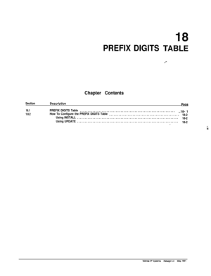 Page 251PREFIX DIGITS TAB.LE
.‘-
Chapter Contents
SectionDescrbtionPaa
18.1
182PREFIX DIGITS Table.............................................................
..18- 1How To Configure the PREFIX DIGITS Table.............................................18-2
Using INSTALL.................................................................18-2
Using UPDATE.................................................................
18-2+ 