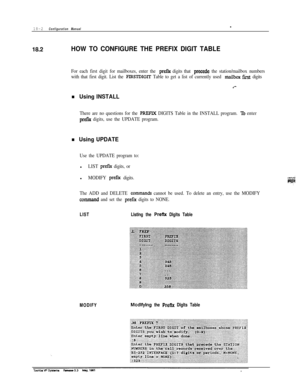 Page 25518-2 Configuration Manual-18.2
HOW TO CONFIGURE THE PREFIX DIGIT TABLE
For each first digit for mailboxes, enter the p&ix digits that precede the station/mailbox numbers
with that first digit. List the 
FIRSTDIGIT Table to get a list of currently used niailbox firs digits
.--
n Using INSTALL
There are no questions for the PREFIX DIGITS Table in the INSTALL program. l% enter
prefa digits, use the UPDATE program.
n Using UPDATE
Use the UPDATE program to:l
LIST prefer digits, orl
MODIFY preiix digits.
The...