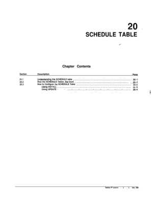 Page 26520 .
SCHEDULE TABLE
Chapter Contents
Section
20.1
20.2
20.3
DescrbtionPWla
Undemmciing the SCHEDULE table...................................................20-lHow the SCHEDULE Tables Are Used..................................................20- 2
How to Configure the SCHEDULE Table................................................20-3.Using INSTALl.................................................................
m-3
Using UPDATE..........
........................................................20-4
ij...