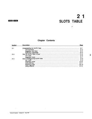 Page 27521SLOTS TABLE
.-
Chapter Contents
SectionDescrbtionPaae
21.1
21.2
21.3
Un&@anding the SLOTS Table......................................................21-1
Line Card Slots.................................................................21-3htegration Card Slots...........................................................21-3
Application 
CardSlots...................................................+........21-4How the SLOTS Table is Used.........................................................21-5
Line...