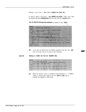 Page 296Deleting a port from a slot without deleting the entire slot
In order to delete a port from a slot, MODIFY the SLOTS Table, select YESto initialize the port 
amfiition, and re-enter only the required ports.
TheVP3CWVP300mnstberebtnrtedfor changes to take effect.1-k
07A port may be deleted from the highest numbered (last) line card slqt
only, since there may be no gaps in port utilization.
DELETEDeleting an entIre slot from the SLOTS Table
t?YWhen the number of ports is modified, System Parameter 4 -...